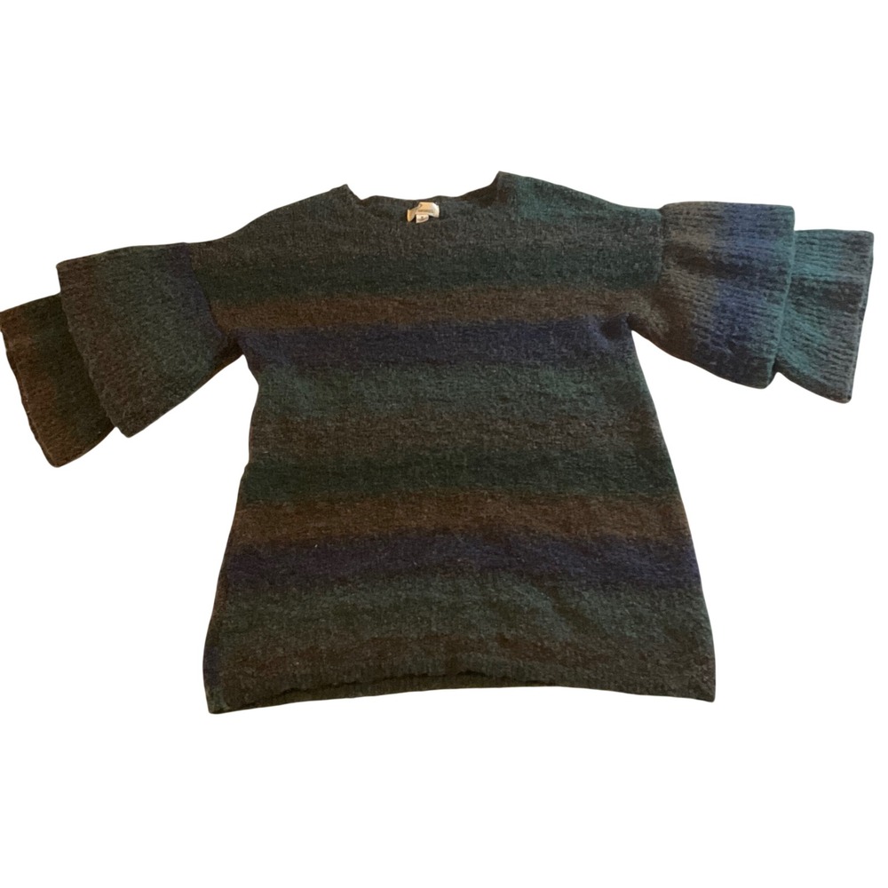 Ponsesa Striped Bell Sleeve Loose fit‎ Wool Blend Sweater Blue Green Brown  Med